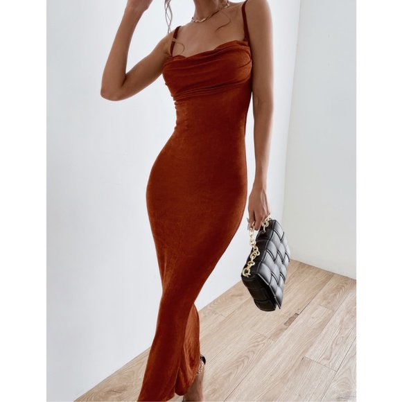 Backless Rust Brown Cowl Neck Long Slim Dress - Picture 7 of 13